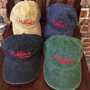 4 different colored hats with Mothers restaurant print
