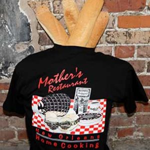1 black t-shirt with Mothers restaurant red print and baguette inserted on the neck